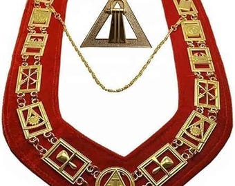 Colar maçônico com corrente do Arco Real e joia de Oficial de Membresia do Capítulo, Grande, Vermelho