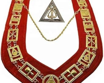 Colar maçônico com corrente do Arco Real e joia de organista do capítulo. Grande, vermelho.