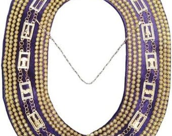Colar Maçônico OES com Corrente Banhada a Ouro - Verso Roxo com Três Strass Dourados - Tamanho Grande