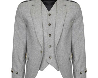 Jaqueta e colete/kilt escocês 100% lã Argyle, jaqueta Scottish Argyle cinza claro
