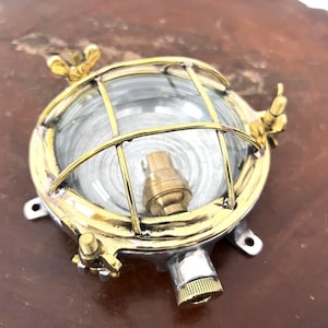Vintage Brass Nautical Ceiling Light | Marine Bulkhead Lamp | Ship Port Hole Light Fixture | Industrial Coastal Decor | Maritime Wall Sconce