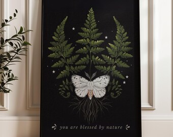 Moody Butterfly Print: Dark Cottagecore Green Botanical Art (Digital Download