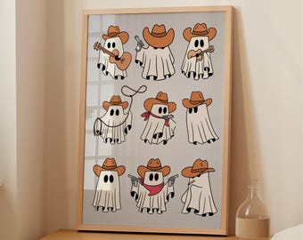 Lámina artística de Halloween con divertidos fantasmas vaqueros: Decoración del Oeste (Descarga digital) n.° 19