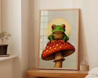 Whimsical Frog on Toadstool Print: Red-Eyed Tree Frog Illustration (Digital Download)