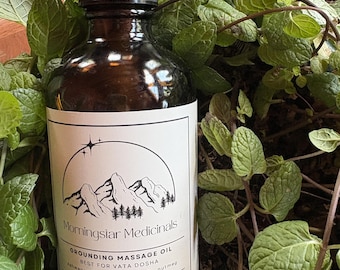 Aceite de masaje equilibrante – Aceite corporal ayurvédico para el dosha Vata con Bala, Ashwagandha, Tulsi, nuez moscada y canela.
