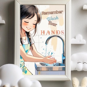 Wash Your Hands Kids Bathroom Art, Cute Handwashing Printable Sign, Anime Girl Hygiene Poster, Bathroom Wall Decor Download