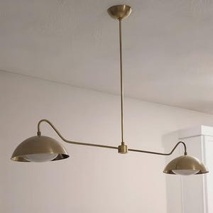 Mid Century Brass Ceiling Light, Double Shade Linear Chandelier, Sputnik Pendant Light Fixture