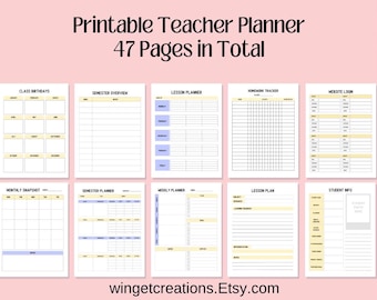Printable Teacher Planner | 47 Page Teacher Organization Binder | Lesson Plans, Student Info, Attendance, etc. (Digital Download)