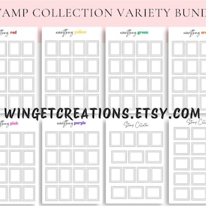 May include: A stamp collection variety bundle featuring eight sheets of white paper with black scalloped-edge rectangular frames. Each sheet displays text including everything red, yellow, green, orange, pink, purple, and stamp collection. WINGETCREATIONS.ETSY.COM is printed across the center.