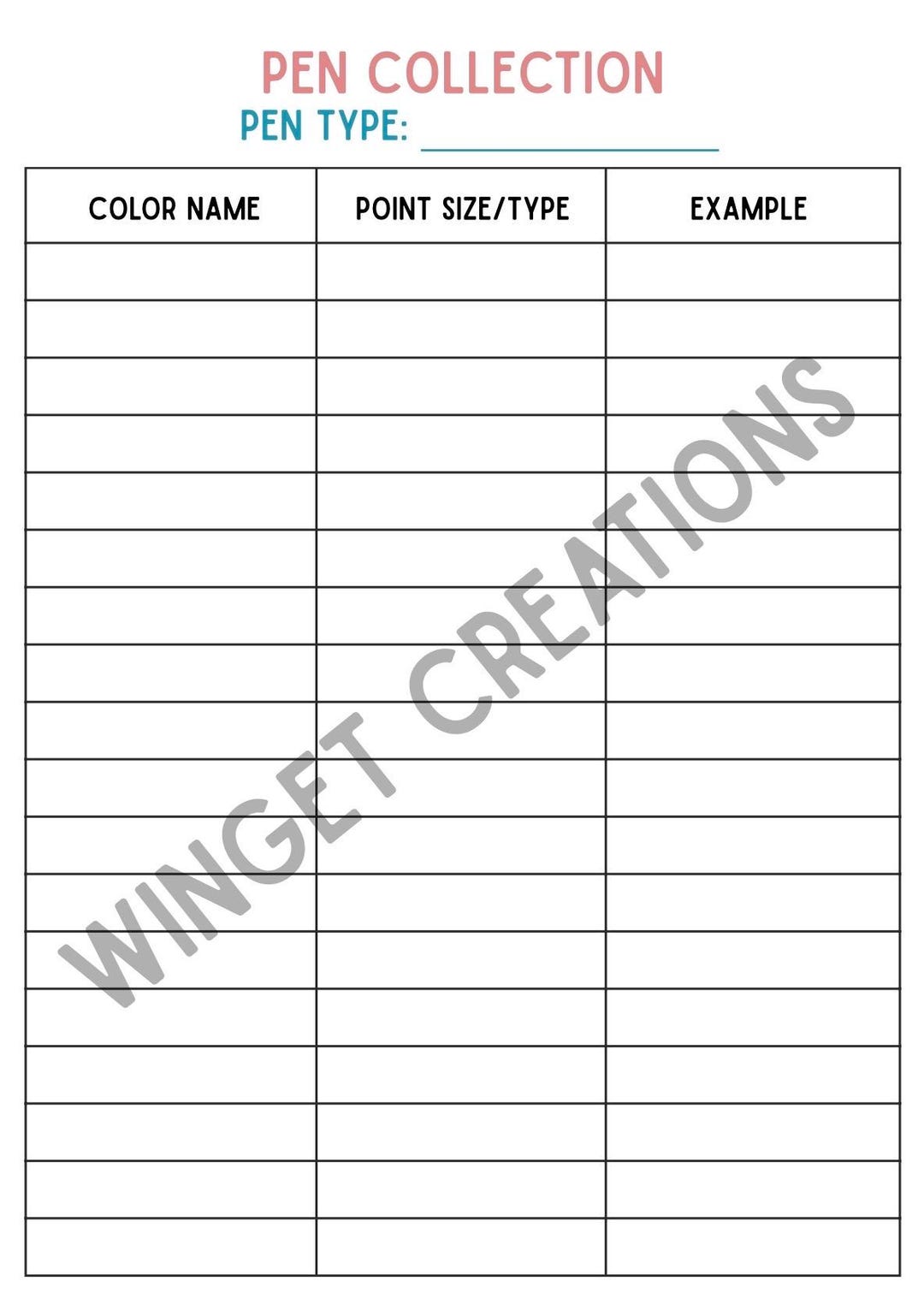 Printable Collection Pen Collection Sheet (printable) - Etsy