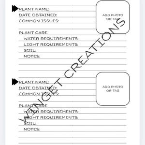 Może przedstawiać: Biała karta Profilu Pielęgnacji Roślin z sekcjami na nazwę rośliny, datę uzyskania, typowe problemy, wymagania wodne i świetlne, glebę i notatki. Zawiera miejsce na dodanie zdjęcia lub tagu. Tekst "WINGET CREATIONS" jest nałożony na obraz.