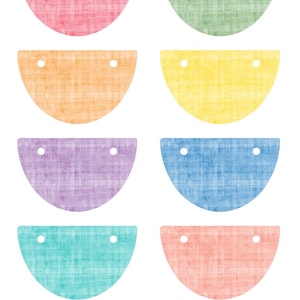 May include: Eight colorful, semi-circular paper cutouts in shades of pink, green, orange, yellow, purple, blue, teal, and coral. Each cutout has two small white holes. The dimensions are 8.1 inches by 5 inches.