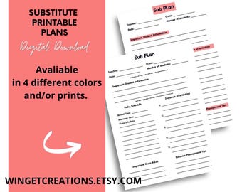 Printable Teacher Substitute Plan Forms (digital download) *