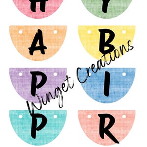 May include: A colorful banner with the word "HAPPY BIRTHDAY" printed in black on individual, semi-circular flags. Each flag is a different pastel color. The banner measures 8.1 inches by 5 inches.