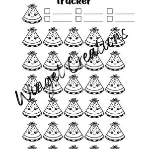 May include: Black and white August Monthly Tracker with a repeating pattern of smiling watermelon slices. The tracker includes boxes for daily entries. The text "August Monthly Tracker" is at the top of the page.