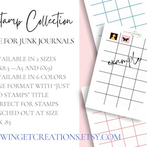 以下が含まれることがあります： 「Stamp Collection」と「Page for Junk Journals」のテキストが入った、ジャンクジャーナル用の印刷可能なページ。2つのサイズ（14.7x21.1 cmと15.2x22.9 cm）と6色で利用可能。デザインにはグリッドと「Just Add Stamps」のテキストが含まれています。