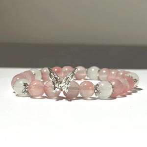 8mm Pink and White Glass Bead Bracelet