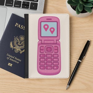 Y2K Pink Glitter Flip Phone Passport Cover, Retro Travel Wallet with Location Icon Design