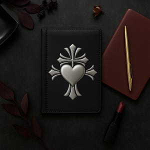 Gothic Passport Cover Black Travel Wallet With Silver Heart Cross Emblem Dark Aesthetic Passport Holder Alternative Travel Accessory