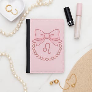 Leo Zodiac Passport Cover Coquette Bow and Pearls Pink Travel Wallet Astrology Gift for Her Cute Zodiac Travel Accessory