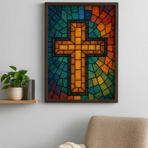 Stampa artistica da parete con croce in vetro colorato – Scarica l&#39;arte digitale da parete cristiana / Decorazioni religiose per la casa / Arte stampabile della fede