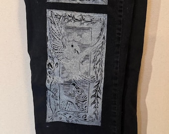 Crow and Vulture Series Linocut Printed Black Jeans