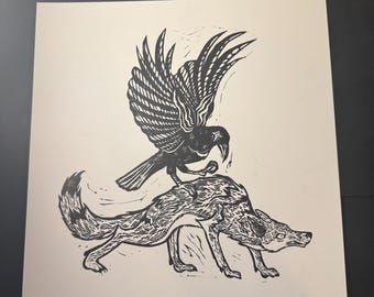 Crow & Coyote Original Linocut Print