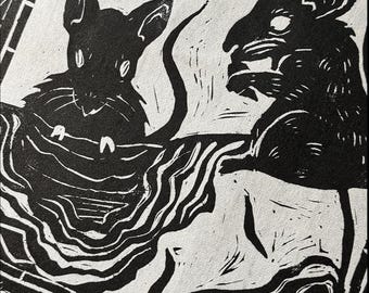 Original Linocut Print, "Devour", 10x10 in