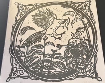 Bluejays & Stinging Nettles Original Linocut Print
