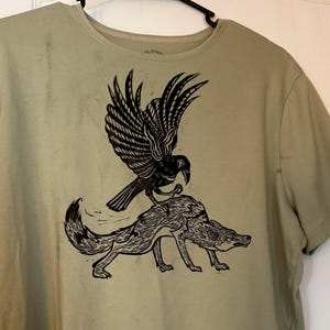 Crow and Coyote Linocut Up-cycled T-Shirt XL, lino, linocut, original print, nature, nature shirt, bird shirt, coyote shirt, lino shirt