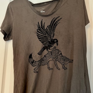 Crow and Coyote Linocut Up-cycled T-Shirt M, lino, linocut, print, original print, nature, shirt, nature shirt, bird shirt, lino shirt