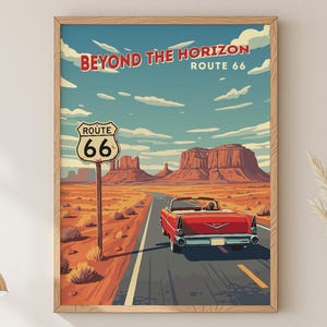 Route 66 Vintage Travel Poster Red Convertible Desert Road Wall Art Retro Car Printable