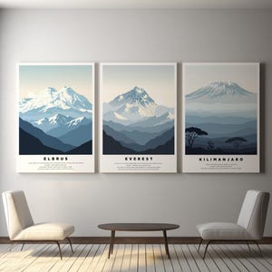 Mountain Wall Art Set – Elbrus, Everest & Kilimanjaro Minimalist Travel Posters | 3-Print Set | Adventure Landscape Printable Deco