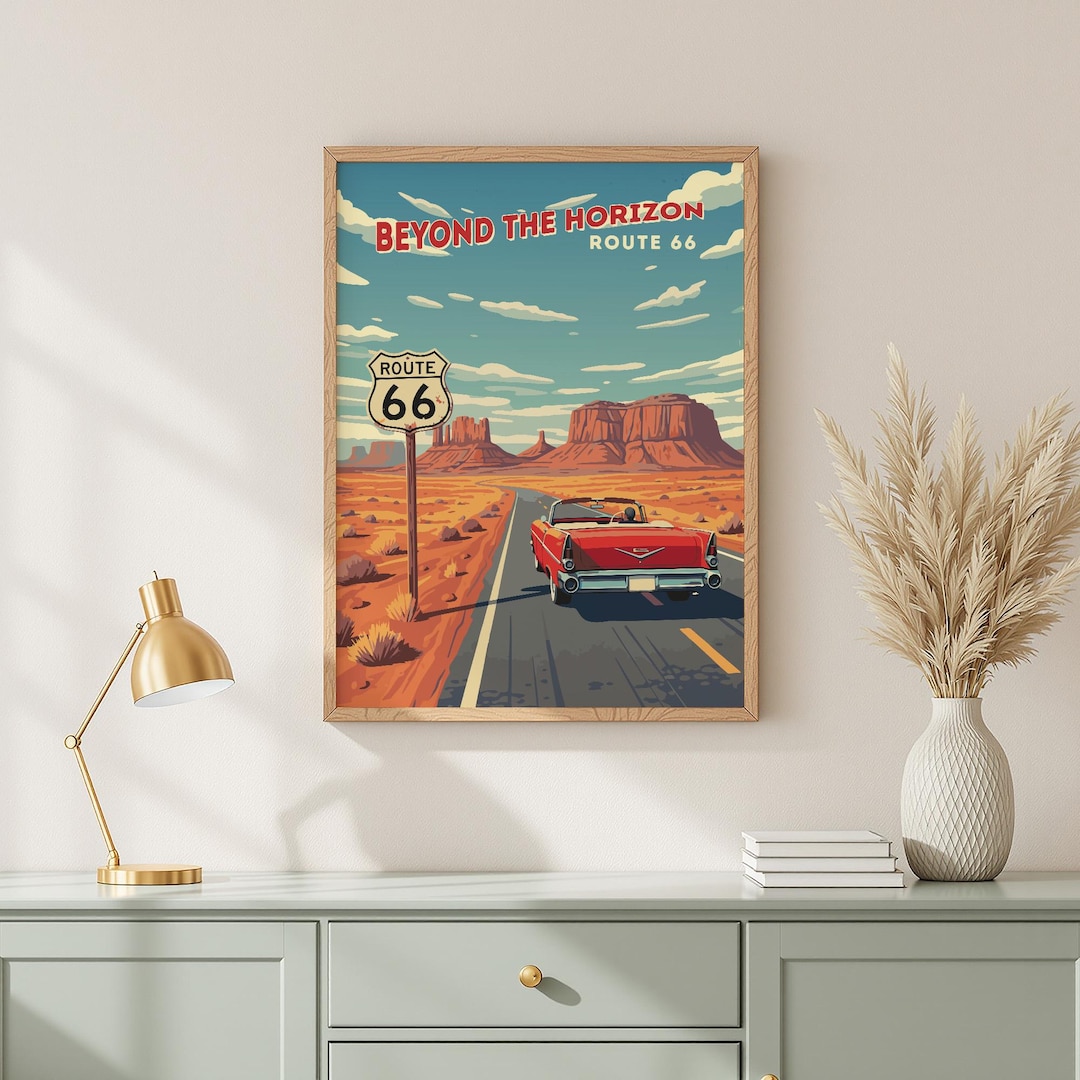 Route 66 Vintage Travel Poster Red Convertible Desert Road Wall Art ...