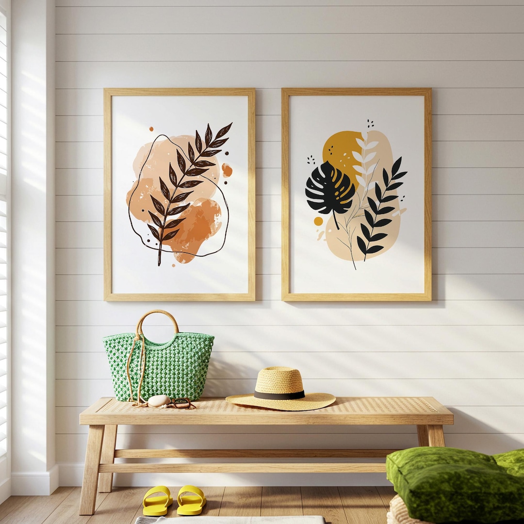 Boho Botanical Wall Art Set of 2 Abstract Leaf Prints Poster Minimalist ...
