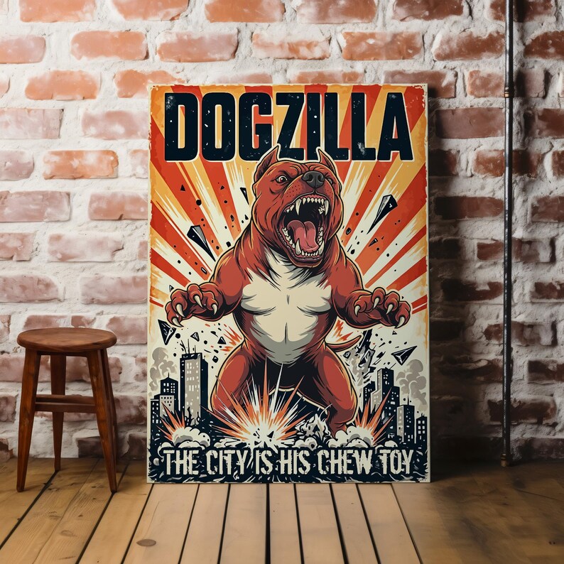 Red Dogzilla Dogzilla Pitbull Poster, Retro Monster Movie Wall Art, Funny Kaiju Dog ...