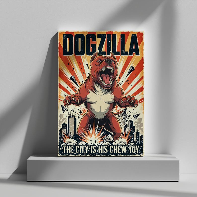 Red Dogzilla Dogzilla Pitbull Poster, Retro Monster Movie Wall Art, Funny Kaiju Dog ...