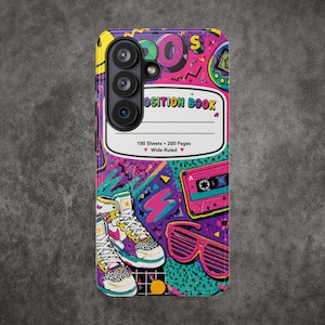 May include: A phone case featuring a 90s-themed composition book design with a pink, purple, and teal graphic pattern. The print includes high-top sneakers, a cassette tape, and shutter shades, with text reading 90's COMPOSITION BOOK 100 Sheets.