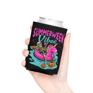 Summerween Vibes Can Cooler | Skeleton Floating on Unicorn Pool Float, Halloween Beach Theme image 5