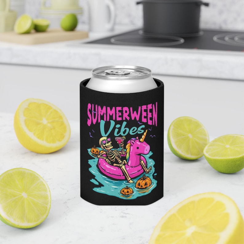 Summerween Vibes Can Cooler | Skeleton Floating on Unicorn Pool Float, Halloween Beach Theme image 3