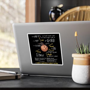 Pode incluir: Um adesivo preto com uma bola de boliche de desenho animado com um pequeno chapéu preto e equações sobre sustentação, arrasto, impulso e peso. O texto "A SIMPLE QUESTION OF WEIGHT RATIOS" está na parte inferior.