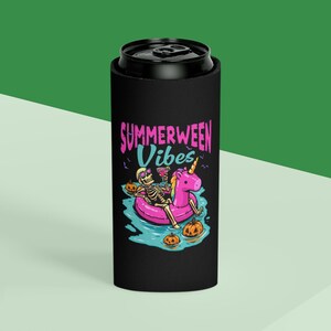 Summerween Vibes Can Cooler | Skeleton Floating on Unicorn Pool Float, Halloween Beach Theme image 2