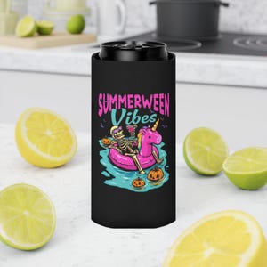 Summerween Vibes Can Cooler | Skeleton Floating on Unicorn Pool Float, Halloween Beach Theme image 4