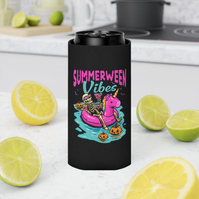 Summerween Vibes Can Cooler | Skeleton Floating on Unicorn Pool Float, Halloween Beach Theme image 4