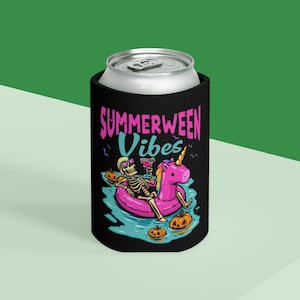 May include: A black foam can cooler featuring the text "SUMMERWEEN Vibes" in pink and teal. The graphic depicts a skeleton wearing sunglasses and holding a cocktail while floating on a pink unicorn pool float in blue water with orange pumpkins.