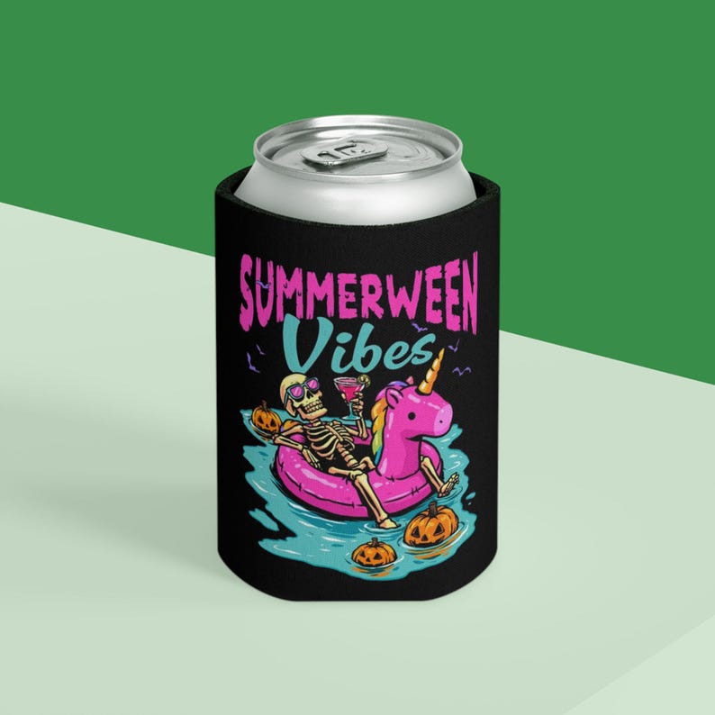 Summerween Vibes Can Cooler | Skeleton Floating on Unicorn Pool Float, Halloween Beach Theme image 1