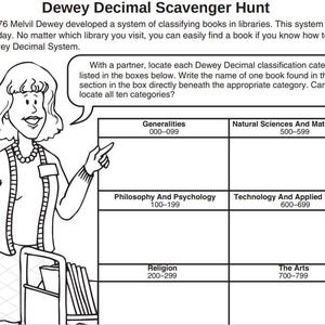 May include: Black and white illustration of a Dewey Decimal Scavenger Hunt. The image includes a woman pointing to a chart with Dewey Decimal categories. Text includes instructions and category ranges like 000-099.