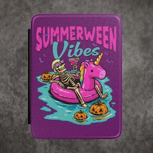Summerween Vibes Kindle Case | Skeleton on Unicorn Float with Pumpkins Purple or Black