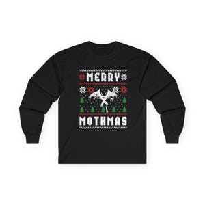 May include: Black long-sleeved top with a festive design. The design features the text "MERRY" above "MOTHMAS", with a central graphic of a winged creature. The design includes snowflakes and Christmas trees.