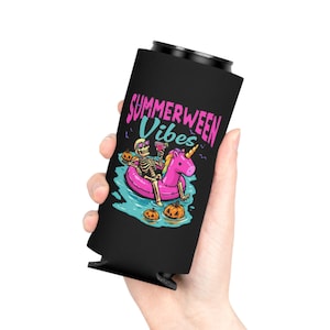 Summerween Vibes Can Cooler | Skeleton Floating on Unicorn Pool Float, Halloween Beach Theme image 6